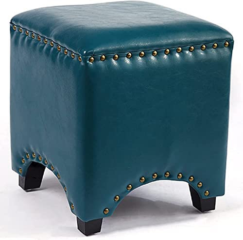Vintage Rivet für Wohnzimmer Schlafzimmer, Quadratischer Fußhocker Gepolsterter Sitz, Stapelbarer Fußhocker für Zuhause, Sofa-Hocker, Gepolsterter Ölwachs, Hautblau