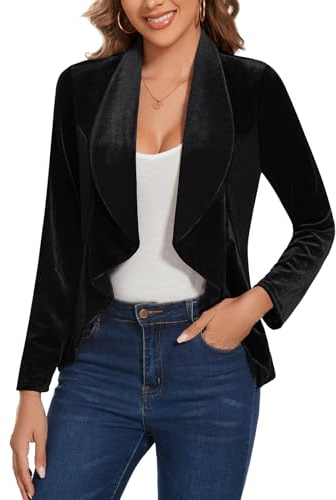 LADI TREND Blazer da donna in velluto, stile retrò, vintage, aperto sul davanti, a maniche lunghe, con volant, sfoderato, vestibilità regolare, per ufficio, riunioni, riunioni sociali, cocktail party