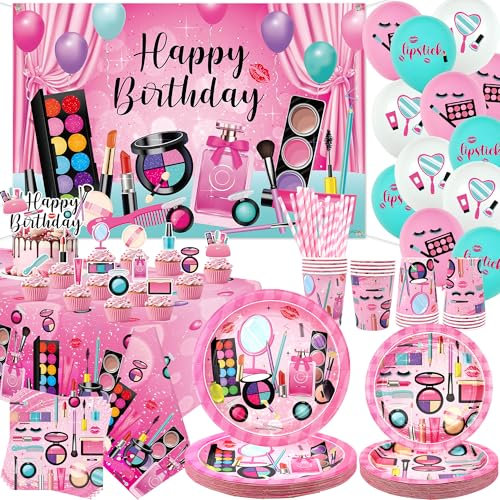 Décoration de fête d'anniversaire spa, fournitures de fête de maquillage, assiettes, tasses, serviettes, nappe, toile de fond « Happy Birthday », ballons de décoration de gâteau pour filles et femmes