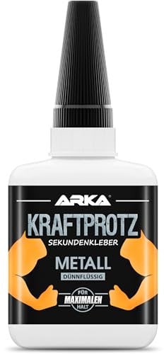 Sekundenkleber Metall dünnflüssig extra stark – 50 g XXL Metallkleber wasserfest, hitzebeständig & transparent – präziser Superkleber für Aluminium, Kupfer, Stahl, Eisen – ARKA KRAFTPROTZ