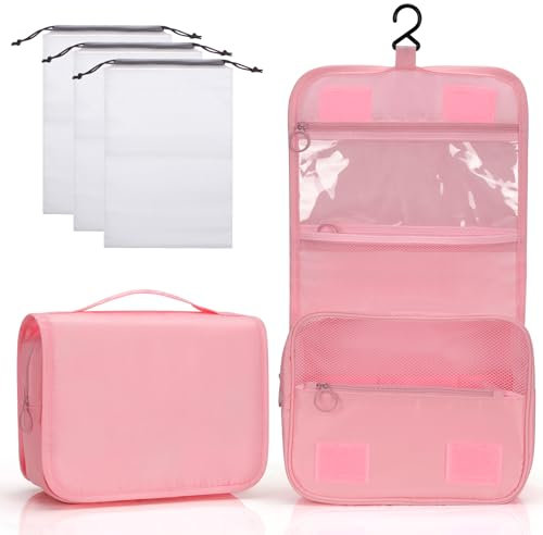 Zivacate Trousse de Toilette à Suspendre, Trousse Toilette étanche avec poignée, Sac de Rangement Maquillage Homme Femme avec 3 Sac à Cordon pour Voyage, Affaires, Fitness, Camping – Rose