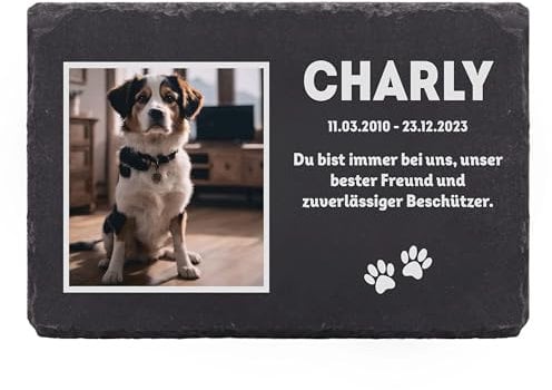 LAUBLUST Personalisierte Grabplatte mit Name & Foto als Grabschmuck für Hund, Katze & andere Haustiere - Erinnerung Motiv, 3 Größen | Schieferplatte mit Gravur als Tiergrabstein Deko & Tiere Grabtafel