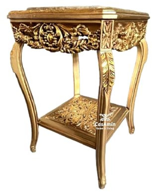 Goldener Quadratischer Beistelltisch im Französischen Barock Rokoko Stil, Handgefertigter Beistelltisch aus Holz mit Kamelfarbener Marmorplatte, Goldener Couchtisch, Teetisch als Wohndekoration