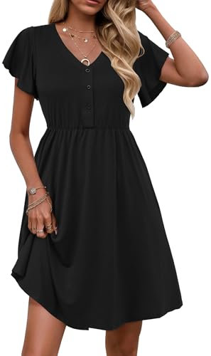 Zeagoo Women's Summer Dress Elegant V Neck Dress Short A-Line Ruffle Sleeve Mini Dress High Waist Tunic Dresses with Pockets Black M