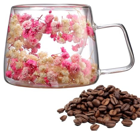 Qumiuu Taza transparente con flores, taza de café con flores, taza de café de 200 ml, tazas de café de primavera, taza de flores creativas con asa, tazas de café únicas de vidrio para té, jugos,