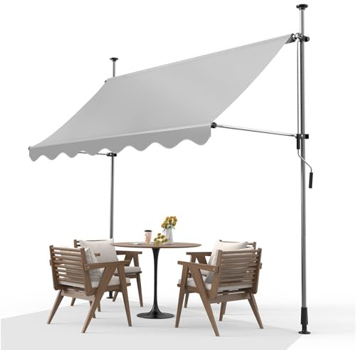 Tenda da Sole Regolabile Senza Forare per Esterno 200x120cm, Tenda da Sole a Manovella per Balcone con Telaio Telescopico e Resistente ai Raggi UV, Protezione Solare per Giardino, Grigio Chiaro