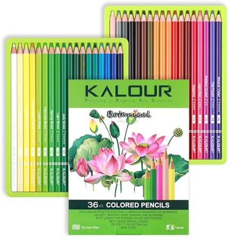 KALOUR PDAS 36-teiliges Grünes Botanisches Buntstift-Set, Vorgespitzte Holzbuntstifte für Erwachsene, Künstler, Anfänger, Malbücher, Zeichnen & Skizzieren