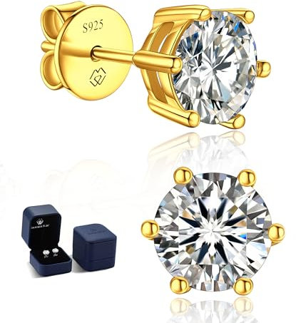 MomentWish Moissanite Ohrstecker Gold 585, 3 Karat/7,5 mm Goldene Ohrringe Damen mit Stein Hypoallergene Echt Silber Geschenk für Frauen Mama-6 Prong