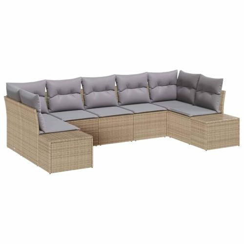 vidaXL Garten-Sofa-Set 7 pcs Beige und Hellgrau 289 x 154 x 85 cm, Garten und Terrasse, modularer Sofaset, wetterfestes Sitzmöbel, abnehmbare Kissen, UV-beständige Materialien für draußen