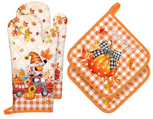 Arquiel Ofenhandschuh und Topflappen Wichtel Herbst Orange Kariert 4er Set, 100% Baumwolle Kochhandschuhe, Hitzebeständiger Küchenhandschuh für Kochen, Herbst Dekor Küche Dekor Geschenke für Frauen