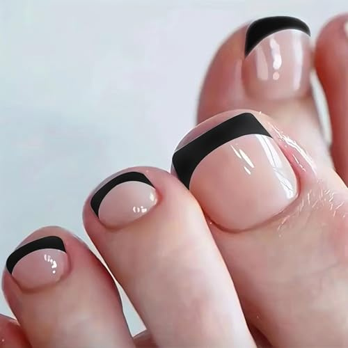 Black French Tip Press on Toenails – Stick-on False Toe Nails with Black Edge Design, Full Cover Fit Natural Toe Shape, Includes Tools Kit, Eco-Friendly Durable ABS Material