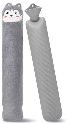 JNUYISW Lange Wärmflasche mit Bezug, 2L 60cm Groß Nackenwärmflasche mit Bezug Flauschig Hot Water Bottle Bettflasche zu Hitze auch Kühlen für Nacken, Schulter, Unterleib, Rücken, Frauen Männer Grau
