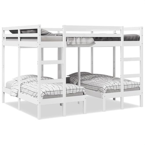 Teenpull Dreifach-Etagenbett Weiß, 160x200/80x160 cm, Massivholz Kiefer, platzsparendes Familienbett mit Rausfallschutz, sichere Leiter