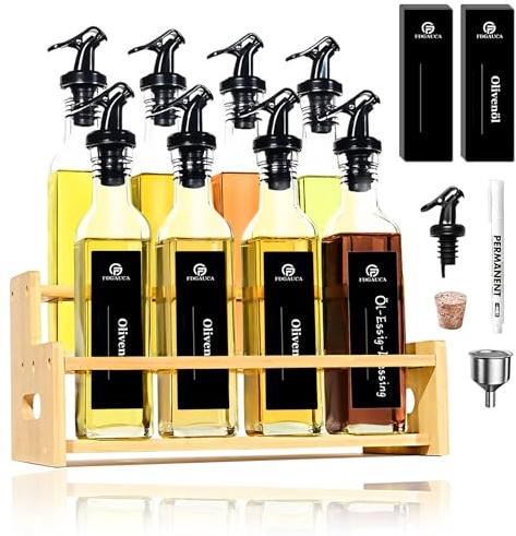 SAEIV Porte-Bouteilles en Bambou Sans Goutte, Bouteille Huile Olive Bec Verseur 8 Pièces 250ml, Huilier Verre Borosilicaté, Distributeur Huile d'Olive, Verseur Huile d'Olive Sans BPA