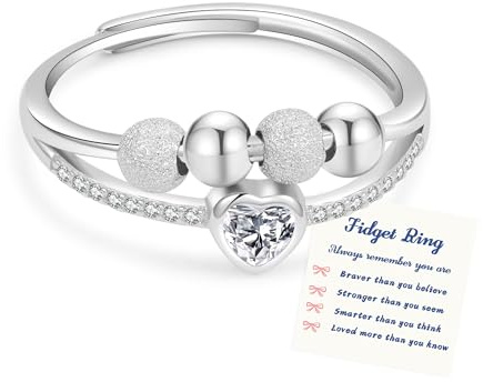 Senteria Anxiety Rings for Women Girls 925 Sterling Silver Thumb Rings Adjustable Open Rings with Spinner Beads Moon Star Fidget Ring for Grandma Mum Daughter Gifts With Inspirational Card