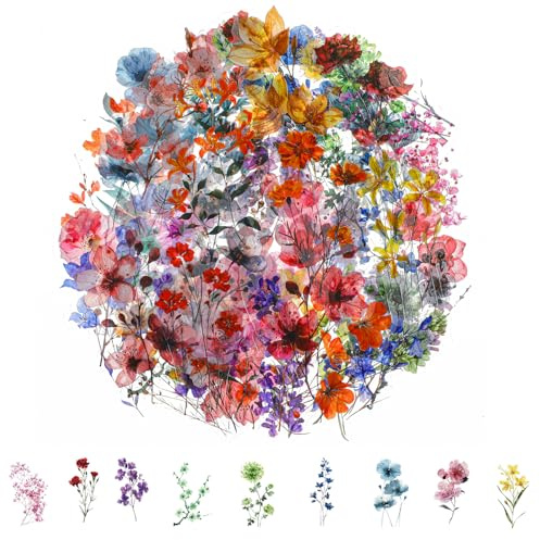 100 Blumen Scrapbooking Aufkleber,PET Transparente Pflanzen Aufkleber,Vintage Bunte Blumenaufkleber,Flower Stickers für Scrapbook Fotoalbum Tagebücher Laptops Karten (E）