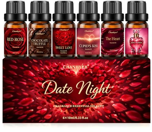 Chanhyer Römantisches Luxus Ätherische Öle Set, Duftöl für Diffuser 6 x10ml | (Rose,Schokoladentrüffel,Sanfte Liebe,Liebestrank,Kuss des Amor,Das Herz) für Diffuser Duftlampen Luftbefeuchter,Massage