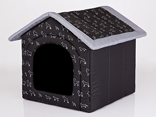HobbyDog Hundehaus Hundehütte für mittelgroße Hunde - Katzenhaus, Katzenhöhle - mit herausnehmbarem Dach - Tierhaus für Katzen und Hunde für Drinnen/Indoor 52 x 46 x 53 cm [L] Schwarz mit Hundemuster