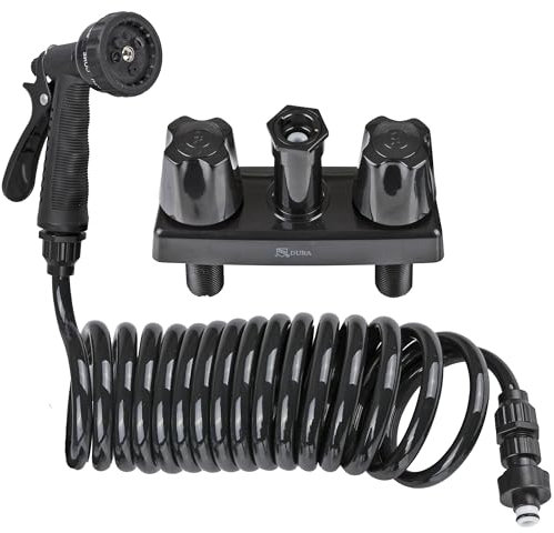 Dura Faucet Grifo de conexión rápida para exteriores y caravanas con manguera de bobina y boquilla de pulverización múltiple
