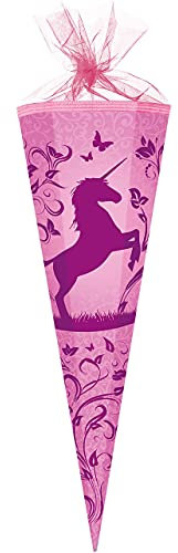 Schultüte - Einhorn & Blumenranken - 35 cm - rund - mit Tüllabschluß - Zuckertüte - Nestler - mit/ohne Kunststoff Spitze - für Mädchen - Pferd - Einhörn..