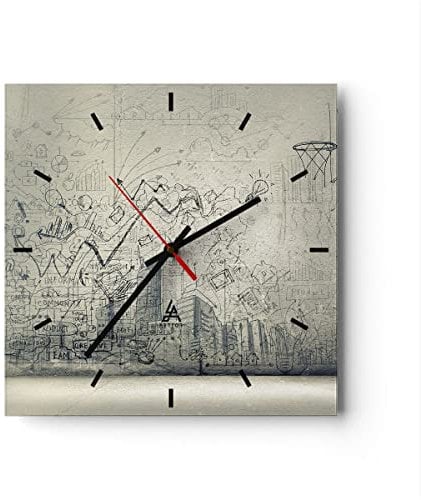 Modern Wanduhr Graffiti Tapete Zeichnung Haus 40x40cm Quadrat Groß Wand Uhr Glas Analog Zimmeruhren Küche Büro Wohnzimmer Glasuhr Wall Clock Dekoration Design Wanddekoration Küchenuhr C3AC40x40-2801