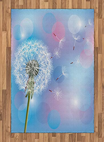 ABAKUHAUS Löwenzahn Teppich, Bokeh Design Pusteblume, Deko-Teppich Digitaldruck, Färben mit langfristigen Halt, 120 x 180 cm, Hellrosa Himmelblau Grün