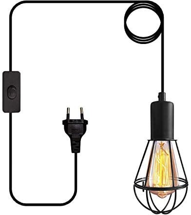 Industrielle Hängelampe mit Stecker Metall Pendelleuchte Kit mit Schalter Vintage Lampe mit Stecker 450cm Kabel Hängeleuchte Loft Kronleuchter Schwarz E27 Lampenfassung Max. 60W