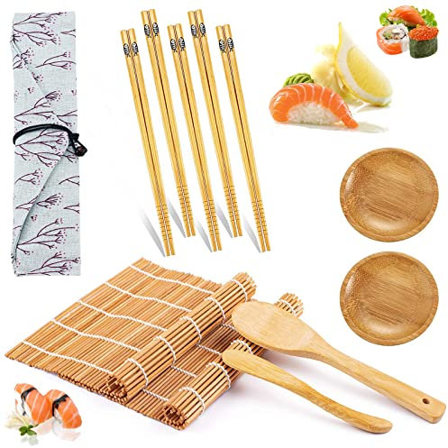 Sushi Kit, NaturalEstera Sushi de Bambú 2 Rollos, Palillos 5 Pares, Coctelera Arroz, Cuchara Arroz, Plato Especias