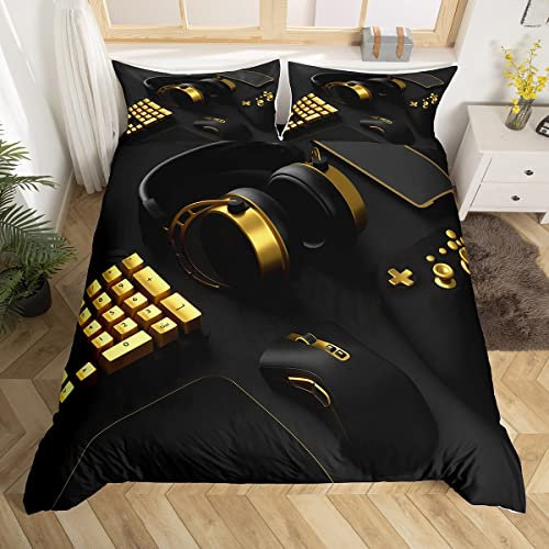 Homewish Gamer Bedding Sets For Boys Double Size Gaming Duvet Cover Gold Keyboard Comforter Cover,Youth Teens Gamepad Bedclothes Adult Man Vr Headset Bedroom Decor Black