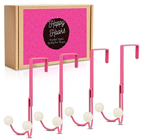Happy Hooks Overdoor Hanger - Pink Door Hooks for Hanging Clothes & Towels (Pink, 2-Pack)