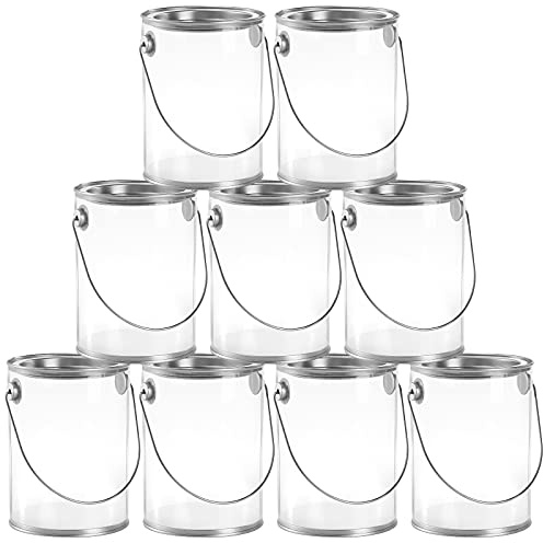 Hedume 9 Pack Clear Paint Can Containers with Metal Lids, 5 Inches Tall Empty Paint Storage Cans, Quart Size Decorative Faux Paint Pails, Great for Party Favors, Decor and DIY