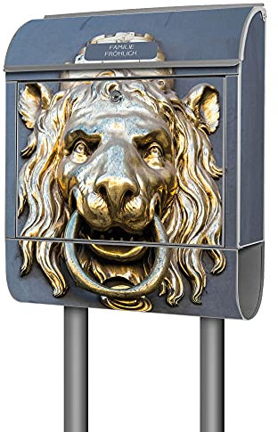 banjado® Briefkasten mit Standfuß personalisierbar Motiv Türklopfer Löwe - Stand Briefkasten mit Zeitungsfach pulverbeschichtet aus Stahl Silber - Postkasten A4 Einwurf inkl. 2 Schlüssel
