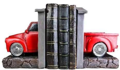 Ebros Gift Klassisches Buchparkplatz, Landhausstil, rustikal, altmodisch, Vintage, roter Pickup-Truck in Garage, Werkstatt, dekorative Buchstützen, Arbeitszimmer, Raumakzent
