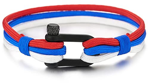 COOLSTEELANDBEYOND Bracelet Vis Manilles d'ancrage - Homme Femme - Bleu Rouge Blanc sur Cordon - Nautique Marin Envelopper Bracelet