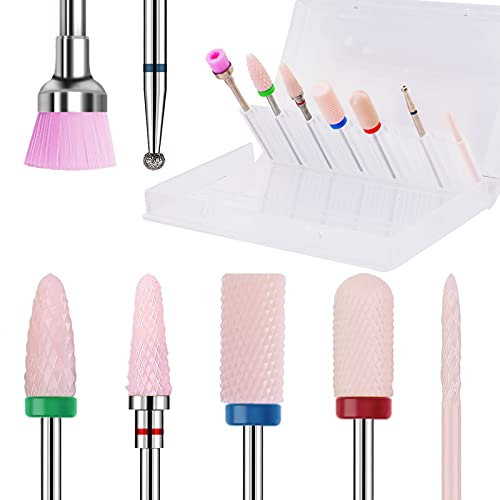 Kredioo 3/32 Ceramic Nail Drill Bits Set, 7 Pcs E File Nail Drill Bits Diamond Tungsten Carbide Nail Polishing Tools, Professional Remove Acrylic Gel Cuticle Manicure Pedicure Salon Home Use