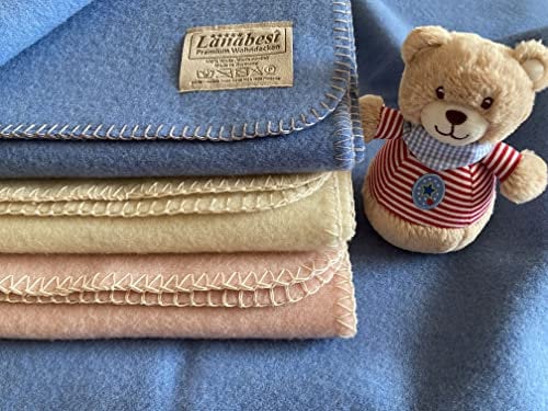 LANABEST Babydecke aus Deutscher Bio-Schurwolle Merino. Blau, rosa und weiß. Leicht wärmend und besonders atmungsaktiv. Geschenkqualität, fabrikfrisch. Ca. 75x 100 cm (blau)