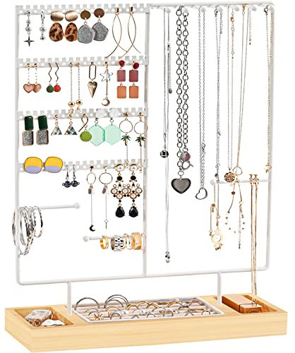 ProCase Schmuckständer Ohrringhalter mit 144 Löcher, Schmuckhalter Ohrstecker Ketten Halter Organizer mit herausnehmbarem Ringtablett, Jewelry Aufbewahrung für Halsketten Armbänder Ringe -Weiß