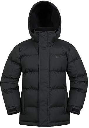 Mountain Warehouse Snow Padded Kids Puffer Jacket - Water Resistant Coat, Fleece Lined Hood, Adjustable Cuffs, Side Pockets - Autumn, Winter & Outdoors Jet Black Teen Size 13 Years