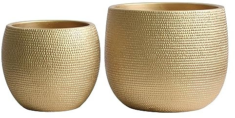 Olly & Rose Barcelona Ceramic Plant Pot Set 2 - Gold Flower Pots - Indoor & Outdoor Planters Home and Garden Decor (Gold, 14cm + 17.5 cm)