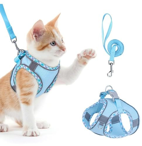 Brifit Katzengeschirr mit Leine Ausbruchsicher, Softgeschirr für Katzen mit Reflektierenden Streifen, Verstellbar Katzenweste, Cat Harness für Katzen Puppy [Blau, XS] Anwendbares Gewicht: 3-5 Kg