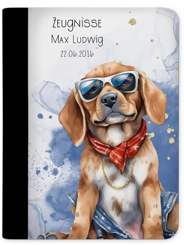 CreaDesign Zeugnismappe A4 mit Namen personalisiert für Kinder – Hund – Dokumentenmappe Schule ohne Klarsichthüllen