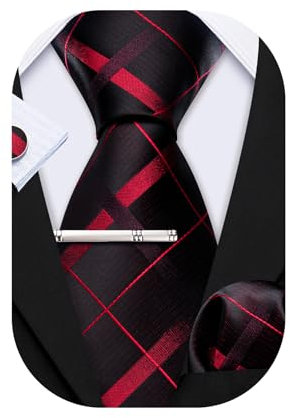 Barry.Wang Ascot Seidenkrawatte Krawatte Schal gewebt DIY Taschentuch Manschettenknöpfe Hochzeit, Schwarz und Rot kariert, One size