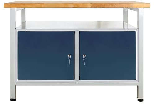 PROREGAL Werkbank Rhino mit Ablagefläche + 2 Türen | HxBxT 84x120x60cm | Traglast 300kg | Lichtgrau/Anthrazitgrau | Werkstatttisch Werktisch Packtisch Arbeitstisch