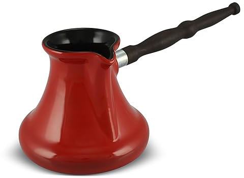 Ceramic Turkish Coffee Pot 550 ml (18,33 oz) Cezve Ibrik Briki Turka Gourmet, Red Color, with Removable Wooden Handle For Gas Electric Induction Hobs