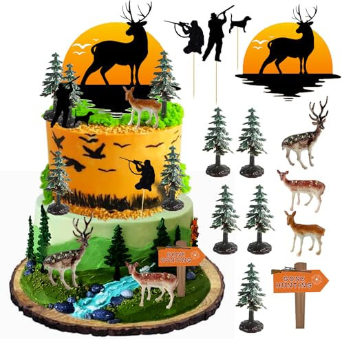 Tortenaufsatz, Hirschjäger-Kuchendekorationsset, Hirsch, Baum, Grün, Camo, Jagd, Geburtstag, Dekorationen für Camouflage, Camping, Jagd, Geburtstag, Babyparty, Partyzubehör, 13 Stück