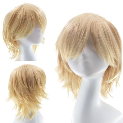 Dcbaboo Perücke Blond Perücke Halloween Damen Blonde Wig 30cm Perücken Blond Kurz Perücke Herren Männer Cosplay Anime Perücke Glatt Gerade Synthetisches Haar Kostüm Party Karneval Perücke mit Pony