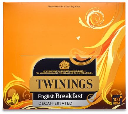 Twinings English Breakfast Decaffeinated String & Tag Tea Bags, 6 boxes of 100 tea bags, 600 total.