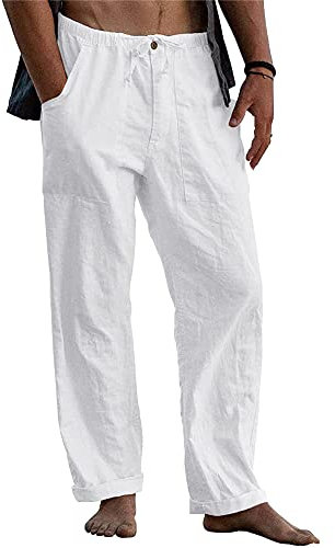 Strandhose Leinenhosen Herren Sommerhose Leicht Fit Yogahosen Lang Weiß M