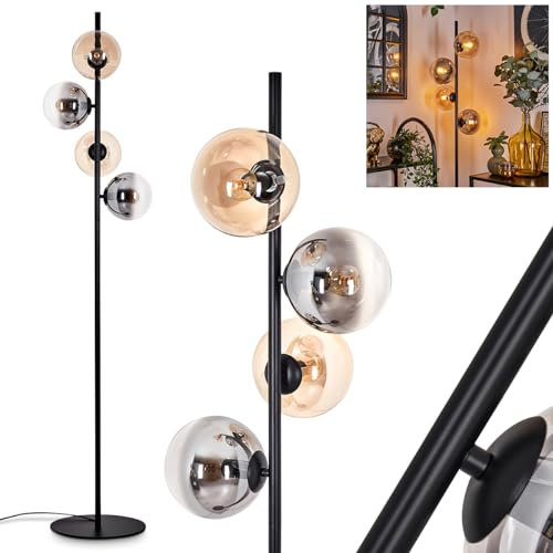 Stehleuchte Gastor, Stehlampe aus Metall/Glas in Schwarz/Rauchfarben/Bernstein, Leuchte im Retro/Vintage-Design mit Schirmen aus Glas (Ø 15 cm) u. Fußschalter, Höhe 160 cm, 4 x E14, ohne Leuchtmittel