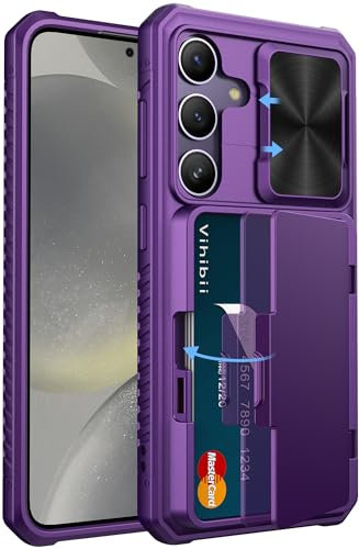 Vihibii pour Samsung Galaxy S24 Coque avec Porte-Carte & Cache Caméra & Support, Protection Militaire Antichoc Antidérapante Anti-Rayures Portefeuille Case pour Samsung Galaxy S24 6,2'', Violet Foncé